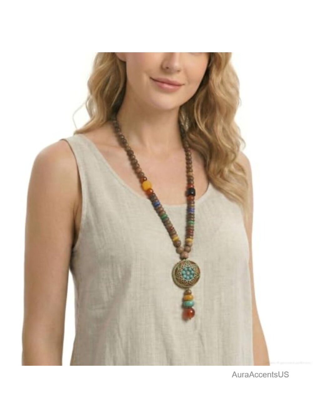 Boho Beaded Necklace Long Wood Beads Fish Pendant Handmade